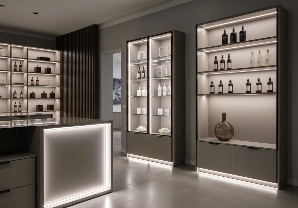 Gợi ý bố trí đèn spotlight Kingled chiếu tủ kệ trưng bày cho cửa hàng thời trang, mỹ phẩm